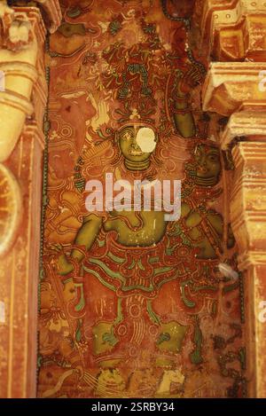 Wandmalereien aus dem 17. Jahrhundert in Thodeekkalam Siva Shiva Tempelmauer in Kanavam bei Thalassery, Kerala, Indien, Asien Stockfoto