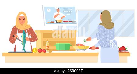 In einer gemütlichen Küche arbeiten eine muslimische Mutter und ihre Tochter zusammen an der Zubereitung von Mahlzeiten Stock Vektor