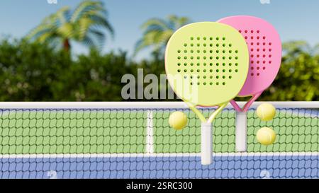 Bunte Paddel und Bälle auf einem Platz, perfekt für einen lustigen Tag mit Padel-Tennis. 3D-Rendering Stockfoto