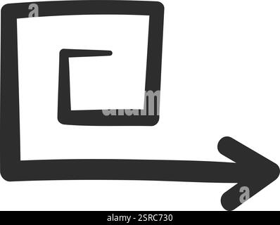 Ein handgezeichneter, nach rechts zeigender Spiralpfeil entsteht durch eine quadratische Form, die ein Labyrinth vor einem sauberen weißen Hintergrund schafft und ein einfaches und minimalistisches Designkonzept bietet Stock Vektor