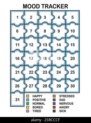 Stimmungs-Tracker in Pixel. Kalender monatlich, jährlich, wöchentlich, tagtäglich. Kalender für persönliche und geschäftliche Probleme. Gefühlsplaner, Gewohnheitstracker Stock Vektor