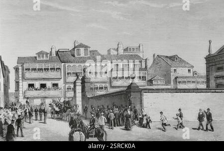 Reise der Könige von Spanien, Alfons XII. (1857–1885) und Maria Cristina de Habsburgo-Lorena (1858–1929), in die nordwestlichen Provinzen. Ferrol, Galicien. Der König und die Königin besuchten die Kirche San Julián am 21. August 1884. Zeichnung von Manuel NAO. Gravur von Capuz. Die spanische und amerikanische Illustration (La Ilustración Española y Americana). September 1884. Stockfoto