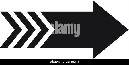 Einfacher schwarzer Pfeil, der nach rechts zeigt, mit einem dreifachen Chevron-Muster auf der linken Seite, isolierte Vektorillustration auf weißem Hintergrund, Richtungskonzept, Fortschritt und Bewegung Stock Vektor