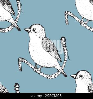 Nahtloses Muster mit lustigen Vögeln, Blumen, Blättern. Flache Vektordarstellung mit Cartoon-Vogelsilhouette. Süße Figuren. Design für Einladung Stock Vektor