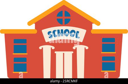Rotes Schulgebäude mit Säulen, die Schüler zum Lernen einladen, mit einem schrägen Dach, mehreren Fenstern und einem auffälligen SCHULSCHILD, das Bildung, Wissen und akademische Aktivitäten symbolisiert Stock Vektor