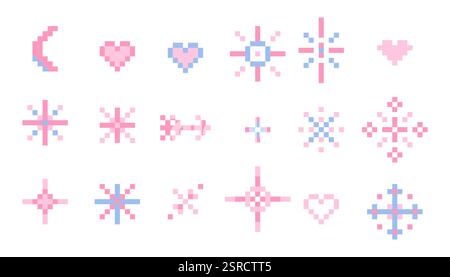 Pixel Star Glitzer niedliches Retro 8 Bit Glitzer Set. Glänzend pinkfarbenes Pixel-Kunsteffekt-Set. Feuerwerk geplatzt, Pfeil, Raumdekoration. Ästhetik der 90er Jahre, y2k. Vektorabbildung Stock Vektor
