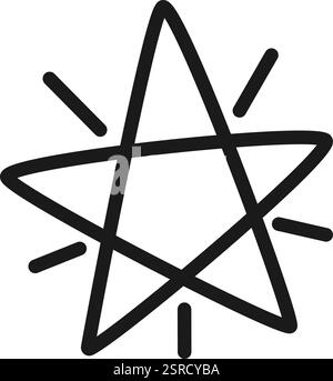 Einfacher, von Hand gezeichneter fünfzackiger Stern mit kurzen Linien, die auf Helligkeit und Strahlkraft hinweisen, isoliert auf weißem Hintergrund Stock Vektor