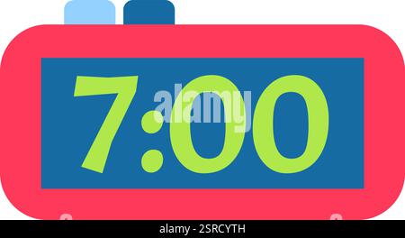 Roter digitaler Wecker mit 7 Uhr auf blauem Bildschirm mit zwei Tasten oben, einfaches und minimalistisches Design für Konzepte in Bezug auf Zeitmanagement, Schlafgewohnheiten und tägliche Routine Stock Vektor