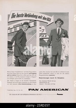 1957 Pan American World Airways Werbespot in deutscher Sprache in einem Schweizer Magazin Stockfoto