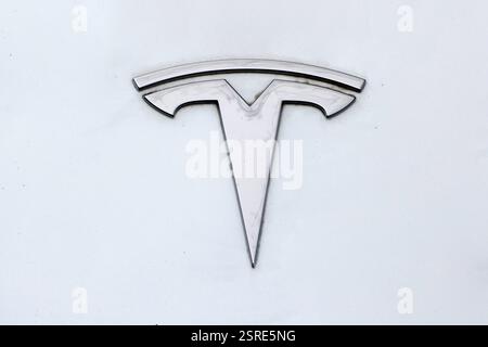 Elektromobilität auf Deutschlands Straßen. Das Logo der Marke TESLA von dem Unternehmer Elon Musk *** Elektromobilität auf deutschen Straßen das TESLA Markenlogo des Unternehmers Elon Musk Stockfoto