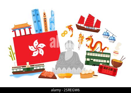 Wahrzeichen und kulturelle Elemente Hongkongs, Speisen in Infografik-Collage-Banner. Große Flagge und Drache der Stadt Hongkong, Fähre und Straßenbahn, Buddha und Goldmünzen, Kuchen und Dim Sum Cartoon Vektor Illustration Stock Vektor