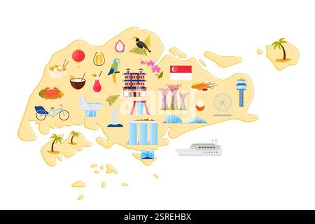 Singapur Reisekarte mit Kultur- und Naturelementen, Tieren und traditionellem Essen, architektonischen Wahrzeichen. Buddha-Zahn-Relikt-Tempel, Gärten und Yachthafen Bucht Gebäude Cartoon Vektor Illustration Stock Vektor