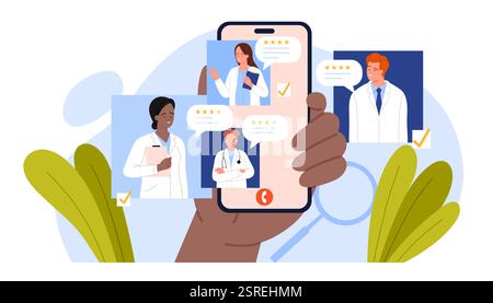 Wählen Sie Arzt online, beste medizinische Mitarbeiter Suche in mobilen App, Telemedizin. Hand hält das Smartphone, um Kommentare zu Patientenfeedback zu lesen, Meinungs-Cartoon-Vektor-Illustration zu vergleichen und zu analysieren Stock Vektor