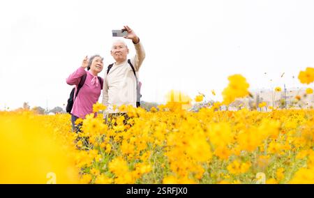 Glückliches Seniorenpaar, das Selfie mit dem Smartphone auf Frühlingsreisen macht Stockfoto