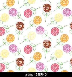 Nahtloses farbenfrohes süßes Muster mit spiralförmigen Bonbons und grünen Stielen. Stock Vektor