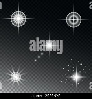 Set aus leuchtenden Sternen und Lichteffekten mit transparentem Hintergrund Stock Vektor
