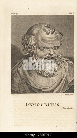 Büste des griechischen Philosophen Democritus, um 460-370 v. Chr. Bärtiger Glatzkopf mit sarkastischem Grinsen. Ein Mann, der ständig lacht, ist ein Narr und ein bösartiger Elend. Kupferstich von John Barlow nach einem Porträt von Peter Paul Rubens aus Pfarrer Johann Kaspar Lavater und John Grenvilles The Whole Works of Lavater on Physiognomy, W. Butters, W. Simmonds, London, 1797. Stockfoto