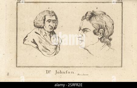 Zwei Proile-Köpfe von Dr. Johnson, englischer Schriftsteller und Lexikograf Samuel Johnson, 1709-1784. Das Gesicht eines tiefgründigen Denkers (links) und das Gesicht eines Mannes mit exquisitem Sinn (rechts). Kupferstich von John Barlow aus Pfarrer Johann Kaspar Lavater und John Grenvilles The Whole Works of Lavater on Physiognomy, W. Butters, W. Simmonds, London, 1797. Stockfoto