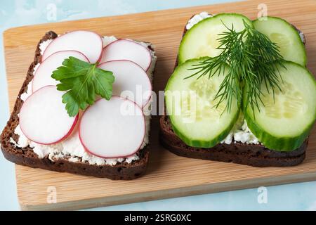 Frisch zubereitete offene Sandwiches mit Gurken und Radieschen Stockfoto
