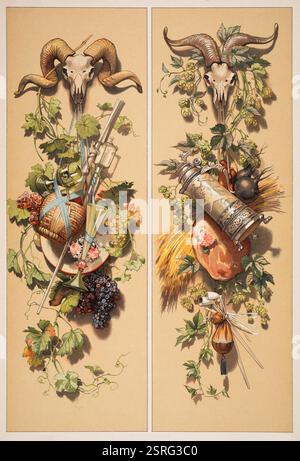 Fullungen mit Emblemen, der wein, das Bier, Farbhalfton Aquarellillustrationen von Wiener Kunsprofessor Stockfoto