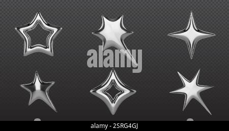 Sternen aus Metallic-Chrom – silberne 3D-Formen mit reflektierenden Oberflächen, geometrische Elemente im y2k-Stil, hohl- und massive dekorative Objekte mit g Stock Vektor