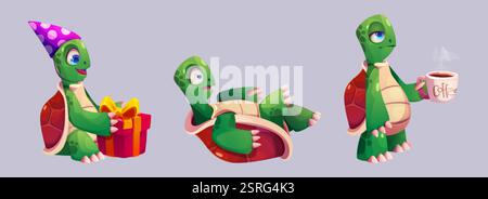 Niedliche Zeichentrickschildkröte in verschiedenen Posen - Geburtstagsgeschenk mit Partyhut halten, ängstlich auf Muscheln liegen, verschlafener Spaziergang mit einer Tasse Kaffee. Grün Stock Vektor
