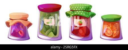 Isolierte JAR-Dateien auf weißem Hintergrund beibehalten. Vektor-Karikaturillustration von Glasbehältern mit Etiketten, süße Pflaumenmarmelade, Orangengelee Marmelade, p Stock Vektor