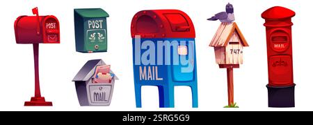Briefkastenkollektion mit verschiedenen Postdesigns - roter Metallkasten am Ständer, Briefkasten an der Wand, klassische Postkabine, Holz mit Taube sitzend auf t Stock Vektor
