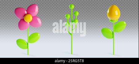 3D-Frühlingsblumen-Set aus Ton - rosa Blüte mit goldenem Zentrum, heller Zweig mit kugelförmigen Knospen, gelbe ovale Blüte am Blattstiel. Botanisches Hochglanzdekor Stock Vektor