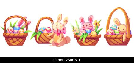 Osterkörbe Kollektion mit traditionellen Elementen - bemalte Eier, Frühlingsblumen, grüne Grasblätter, niedliche Hasen. Weihnachtsgeflechtbehälter mit c Stock Vektor