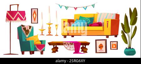 Boho Wohnzimmermöbel Kollektion - gelbes Sofa mit Kissen, grüner Sessel, hölzerner Esstisch, Stehlampe, Wanddrucke, Kerzen, festliche Bunti Stock Vektor