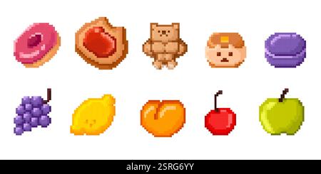 Pixel Art Food Set mit Donut, Marmeladentorte, süßem Bärenkeks und Brötchen, lila Macaron, Traubenstrauch, frischer Zitrone und Pfirsich, roter Kirsche und grünem Apfel. R Stock Vektor