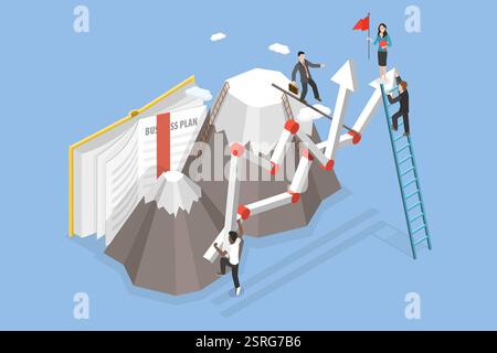 3D Isometrische flache Illustration der Zielerreichung, Gruppe Menschen klettert auf einen Bergbr3D-Isometrische flache Illustration der Zielerreichun Stockfoto