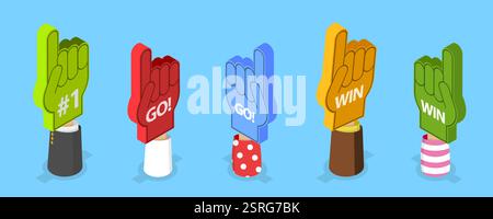 3D Isometrisches flaches Set von bunten Schaumstoff Hände, Sport Utensilien Fun Itemsbr3D Isometrisches flaches Set von bunten Schaumstoff Hände, Sport Parapher Stockfoto