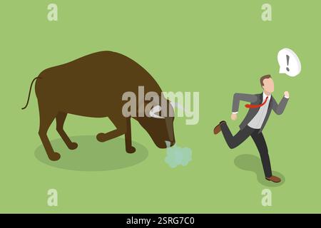 3D Isometrische flache konzeptionelle Illustration von Away from Problems and Troubles, Escape from a Bullbr3D Isometrische flache konzeptionelle Illustration Stockfoto