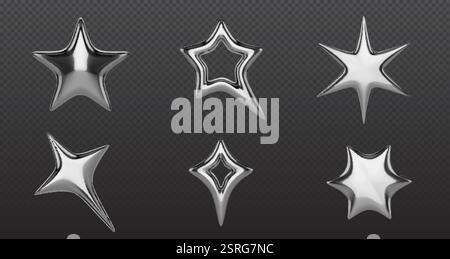 Sternen aus Metallic-Chrom – silberne 3D-Formen mit reflektierenden Oberflächen, geometrische Elemente im y2k-Stil, hohl- und massive dekorative Objekte mit g Stock Vektor