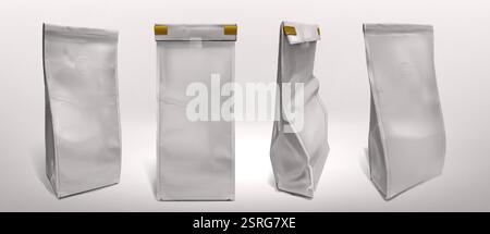 Kaffeebeutel Mockups, isoliert auf weiß. Vektor-realistische Illustration der versiegelten Silberfolienverpackung für Tee, Snacks oder Kekse, 3D-Lebensmittelpackungen vorne Stock Vektor