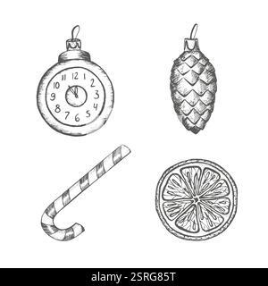 Vektorset mit Glaskegel und Uhr, Zuckerrohr, Orange, Mandarine. Weihnachtsbaumschmuck. Grafikabbildung auf weißer Hintergrundform Stock Vektor