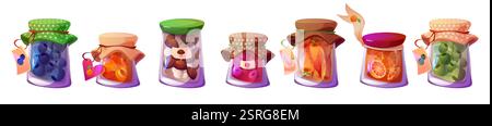 Hausgemachte Einmachgläser mit bunten Früchten, Beeren, Pilzen und Gemüse. Glasbehälter, versiegelt mit gemusterten Stoffoberflächen und verzierten Rippen Stock Vektor