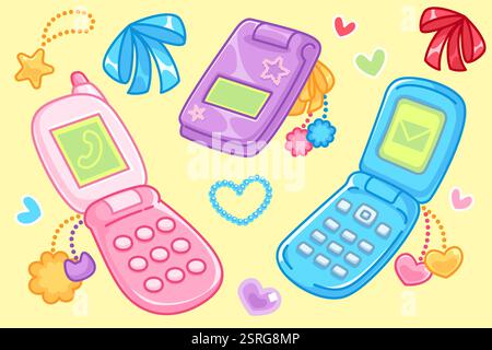 Girly Flip Handys und Accessoires auf gelbem Hintergrund. Vektor-Karikaturillustration von y2k-Kommunikationsgeräten, mobile Gadgets dekoriert mit Herz, Stock Vektor