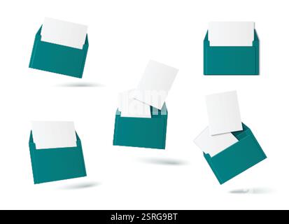3D Letter Mockup Set mit türkisfarbenen Umschlägen und leeren Papierbögen in verschiedenen Positionen. Schwimmende Ganzsachen auf weißem Hintergrund. Min Stock Vektor