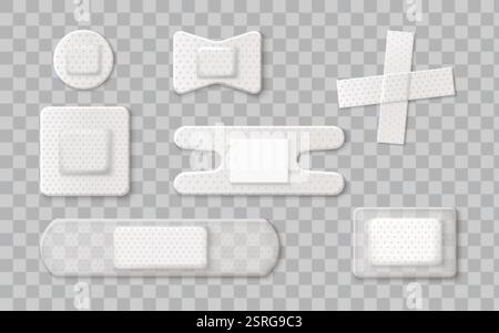 Medizinischer Haftverband Set mit perforierter Oberfläche - Sammlung von weißen und transparenten Pflastern in verschiedenen Formen. Realistische 3D-erste-Hilfe-Ausrüstung Stock Vektor