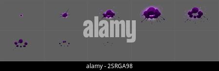 Animationssequenz für violette Explosionen – beginnend mit Punkt, dehnt sich mit Spritzern in eine platzende Wolke aus und verblasst zu verstreuten Partikeln. Dynamischer Sprite Stock Vektor