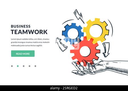 Mehrfarbige Zahnräder mit vernetztem Mechanismus an der menschlichen Hand. Vektorgrafik von Hand gezeichnet. Geschäftsstrategie, Konzept für Entwicklungslösungen Stock Vektor