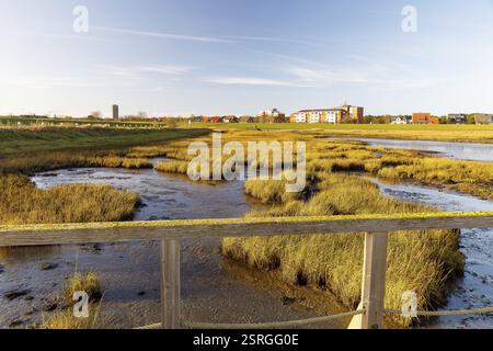 Wattenmeer am Südstrand bei Ebbe, im Hintergrund der Wasserturm und die Stadtentwicklung Norderney, Niedersachsen, Deutschland, Europa Stockfoto