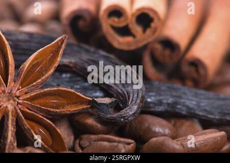 Aromaskaffee. Inhaltsstoffe. Kaffeebohnen, Anis, Vanille, Zimt Stockfoto