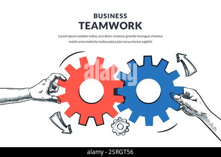 Zwei menschliche Hände verbinden Zahnräder mit mehrfarbigem Mechanismus. Vektorgrafik von Hand gezeichnet. Teamwork-Lösungen und Zusammenarbeit für Geschäftsziele. Stock Vektor