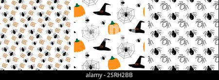 Spinne und Zierelement. Kürbisse, Hexenhüte, Spinnennetz und Silhouette Spinnen nahtlose Muster Set 3. Isolierte Vektor-Illustration Verpackung, Hintergrundbild oder Web-Werbebanner, Karten, Broschüren, Tags Stock Vektor