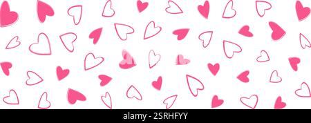 Umrisse und gefüllte Freihand-Herzen Muster Streifen einfarbig rosa. Hintergrundidee zum Valentinstag. Isolierte Vektor-Illustration Grußkarten, Faltblatt, Preisanhänger, Etiketten oder Web-Werbebanner, Poster Stock Vektor