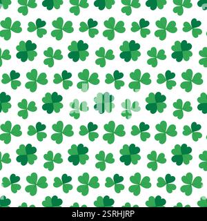 Quatrefoil und Shamrock Clover Leaves Seamless Pattern in monochromem grünem St Patrick Day Hintergrund. Isolierte Vektorverpackungen, Hintergrundbilder, thematische Karten oder Web-Promo-Broschüren, Banner, Druckmaterialien Stock Vektor